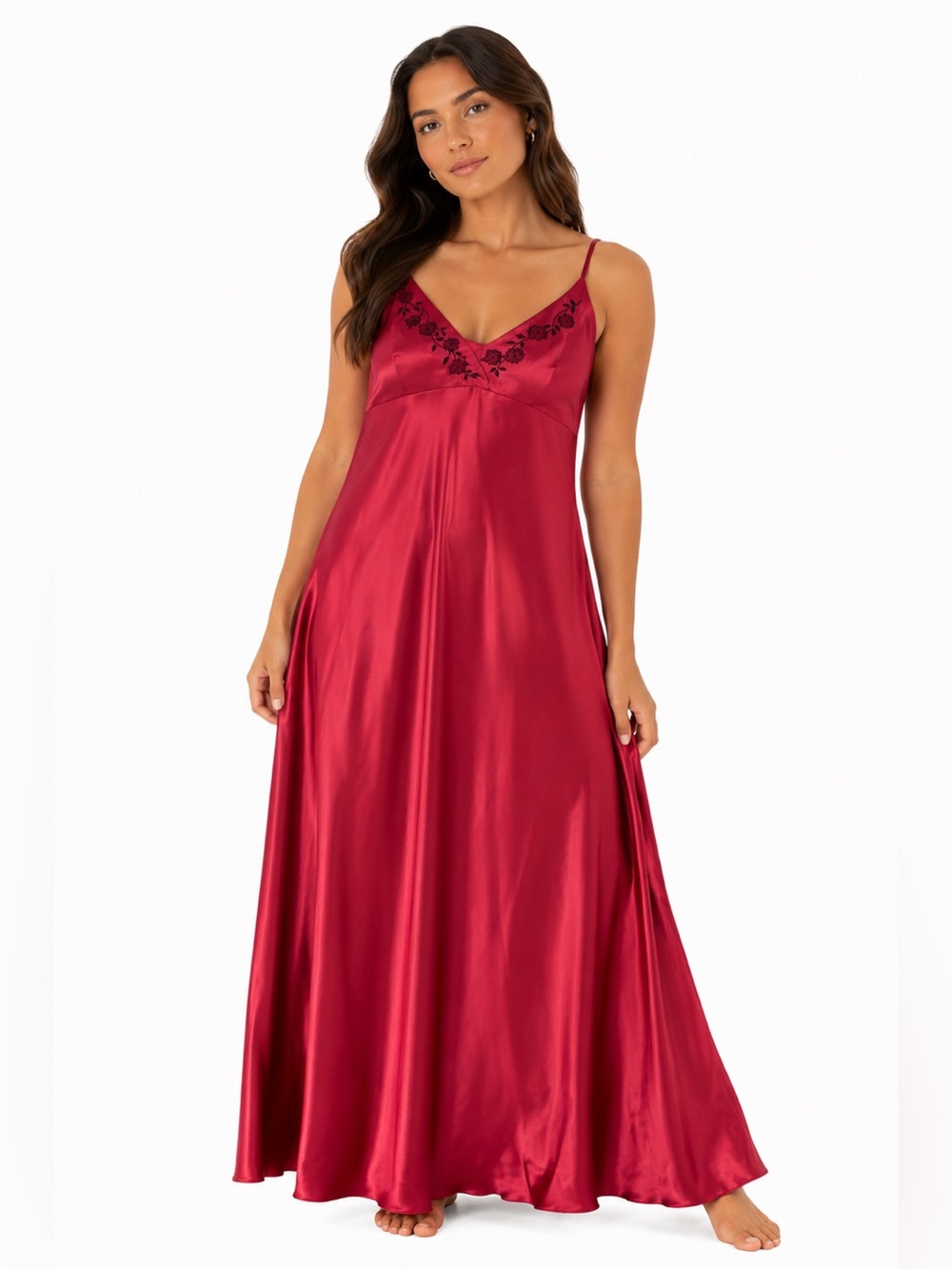 90s European VintageSatin Maxi Slip Dress Embroidered Floral Bust (Red) Size M/L